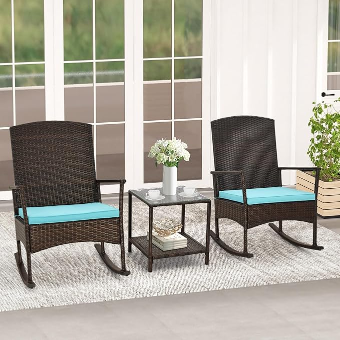Tangkula 3 Pieces Rocking Wicker Bistro Set, Outdoor Front Porch Rocker Chairs Conversation Set with 2-Tier Tempered Glass Coffee Table and Thick Cushions for Garden, Balcony, Poolside (Turquoise)