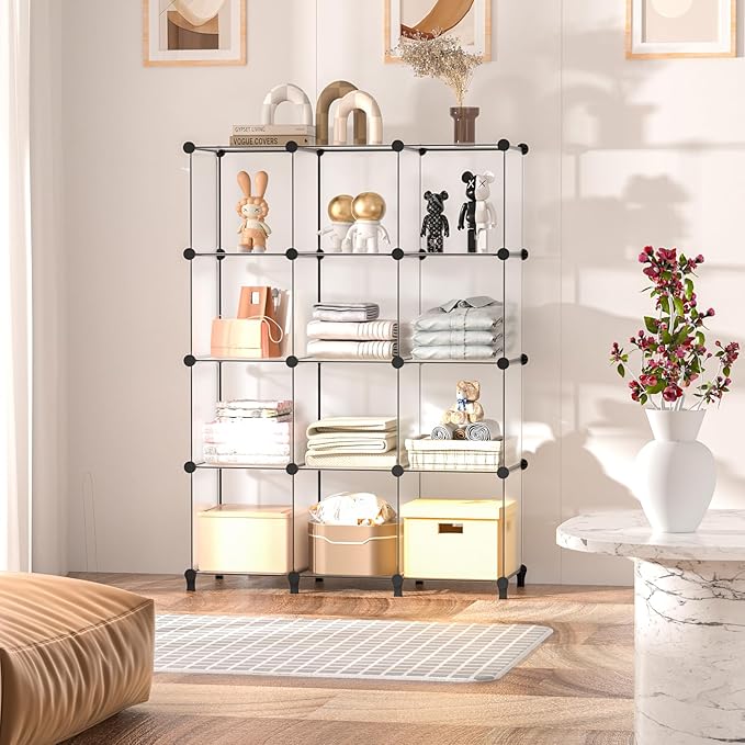 Cube Shelves, 12 Cubby Storage Organizer,DIY Closet Organizers and Storage Shelves for Bedroom,Stackable Closet Shelves for Clothing Storage,Book Shelf, Toy Organizers and Storage, Transparent White
