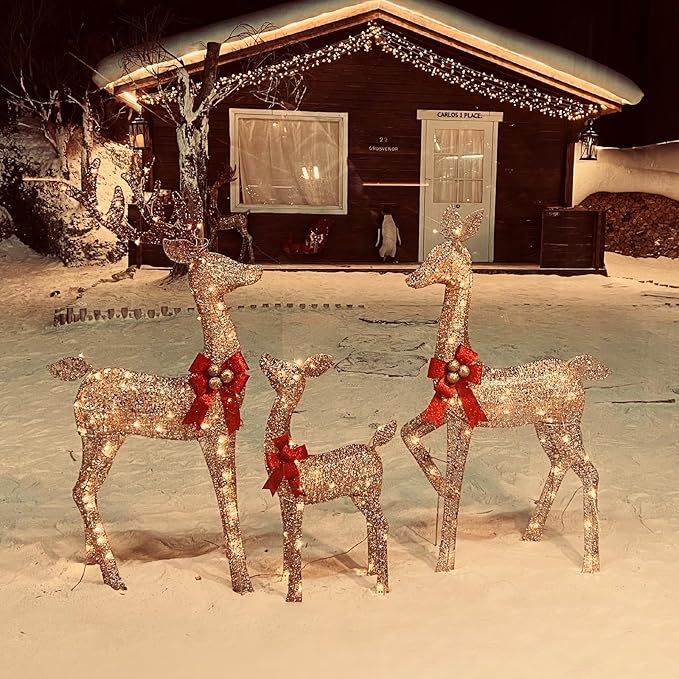 4.3 FT Outdoor Christmas Decorations Deer, 3 Pcs Family Outdoor Lighted Xmas Deer, 210 Lights 52" Buck 47" Doe 29" Fawn Large Christmas Reindeer for Garden Patio Lawn Holiday Decorations - Gold