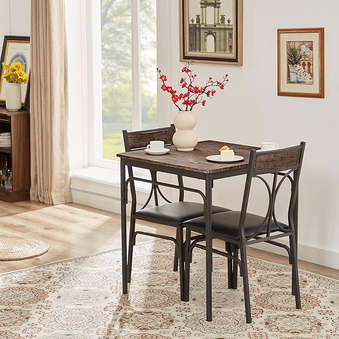 VECELO Kitchen Dining Room Table Set with 2 Chairs for Small Space, Apartment,Metal Steel Frame