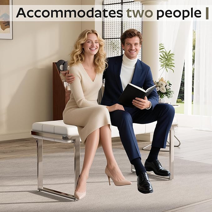 Upholstered Dining Bench, 44.29 Inch Leather Upholstered Bedroom Benches, Entryway Bench for Living Room Kitchen Dining Room(White&Silver)