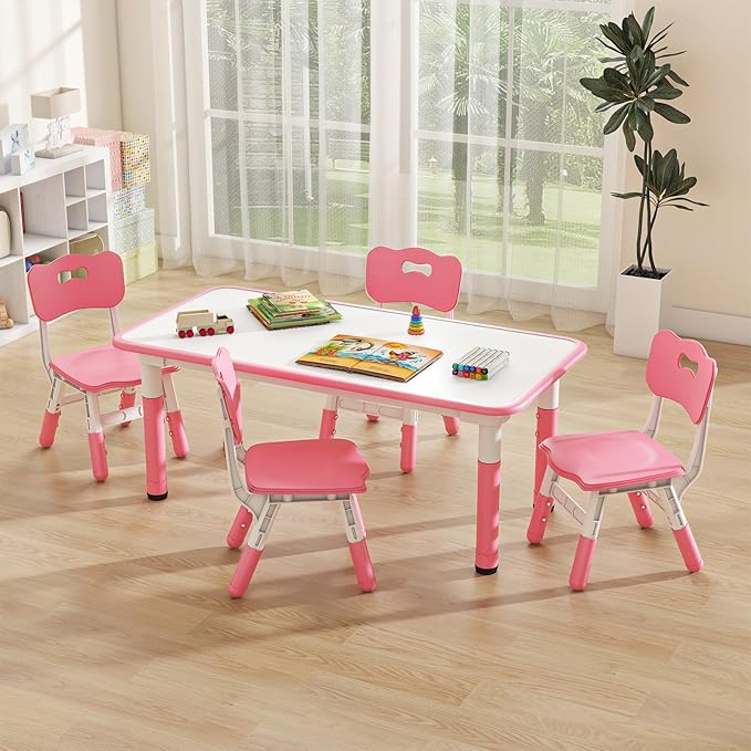 INFANS Kids Table and Chiar Set, Height Adjustable Toddler Desk and 4 Chairs with Graffiti Desktop Non-Slip Legs, Large 47" L x 23.5" W Multi-Activity Art Table for Daycare Classroom Home (Pink)