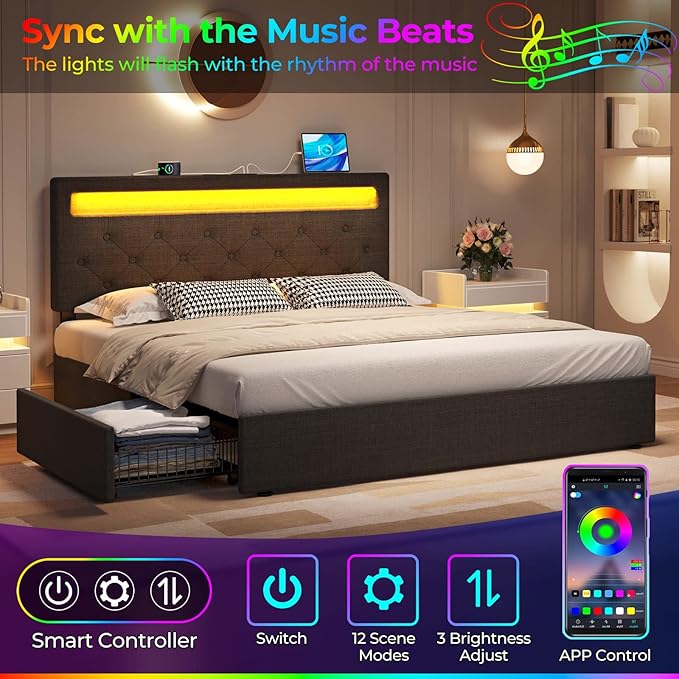 Rolanstar Full Size Bed Frame with Charging Station and LED Lights, Upholstered Bed with Adjustable Headboard and 4 Storage Drawers, No Box Spring Needed, Easy Assembly, Dark Gray
