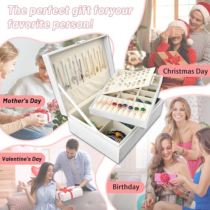 Homeanda Jewelry box 2 layer Jewelry box Leather Jewelry boxes for Women Girls Teens Jewelry organizer box Jewelry Storage box with lock(White)