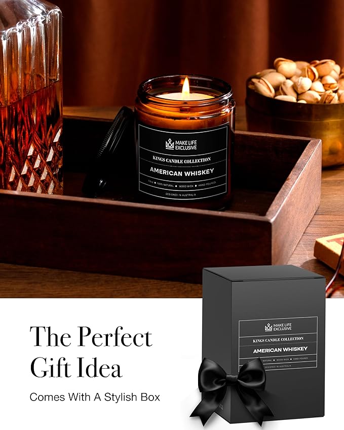 Scented Candles for Men | Whiskey Scented | Wooden Wick, Long Lasting, Masculine Scents | Natural Soy Jar Candle for Home, Bacehlor Pad Decor | The Perfect Mens Gift