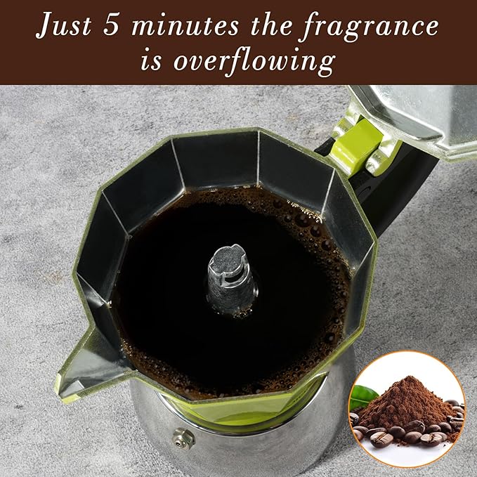 Stovetop Espresso Maker, 3Cup Moka Pot, Espresso Machine Compatible with Induction Cooktops, 150ml Stainless Steel & Aluminum Cuban Coffee Maker for Cafetera Cubana, Green