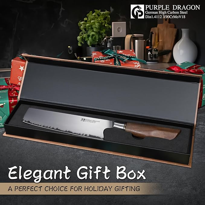Purple Dragon Nakiri Knife, 7 Inch Meat Cleaver, German Vg10 Steel Japanese Kitchen Knife for Meat Cutting Chopping Dicing Vegetables, Ergonomic Wooden Handle, Gift Box