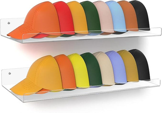 upsimples 2-Pack Acrylic Floating Hat Shelves, Wall-Mounted Hat Holder Fits up to 40 Hats - Hat Organizer for Baseball Cap Storage in Closet, Bedroom, Entryway, and Laundry Room