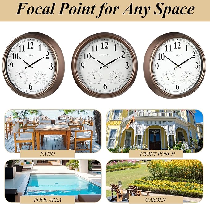 CLXEAST Indoor Outdoor Clocks Waterproof 16 Inch, Large Outdoor Clock Thermometer Combo& Hygrometer,Bronze/Dark Brown Finish,House Warming Gifts New Home