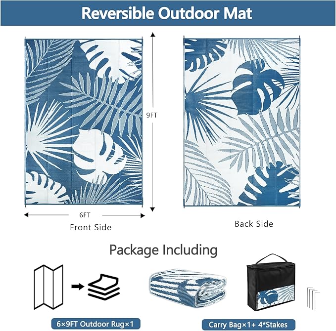 Waterproof Outdoor Rug 6x9 ft, Reversible Plastic Straw Mat with Leaf Pattern, Large Floor Mat for Patio, Camping, Picnic, Backyard RV, Deck, Blue