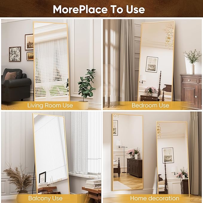 Antok Full Length Mirror, 71"x28" Floor Mirror with Stand, Hanging Mounted Mirrors for Bedroom, Living Room, Cloakroom, Dining Room, Gold, Rect