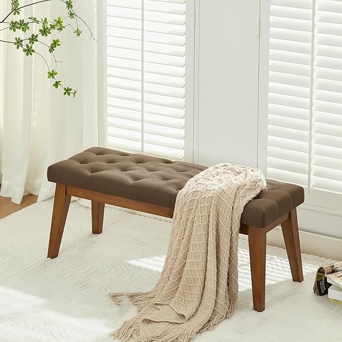 43.5'' Linen Bedroom Bench, Upholstered End of Bed Bench with Tufted Button, Padded Vintage Dining Bench, Entryway Bench with Solid Wood Legs, Kitchen, Living Room, Hallway, Brown Tufted