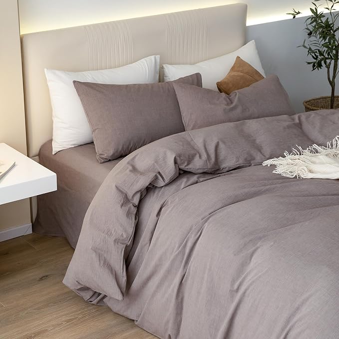 JIYUAN 100% Washed Cotton Duvet Cover Set 3 Pieces Alaska King, 1 Duvet Cover 132x120 Inches(Comforter Not Included) and 2 Pillowcases,Linen Like Comfy and Breathable,Heathered Mauve Brown