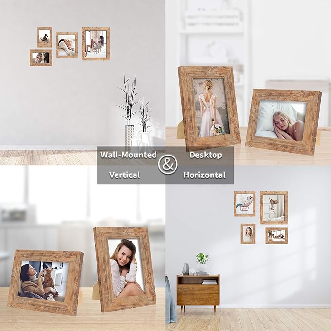 5x7 Picture Frame Set of 4, High Definition Real Glass Rustic Brown Frame, 5 x 7 Photo Frames for Tabletop Display and Wall Mounting