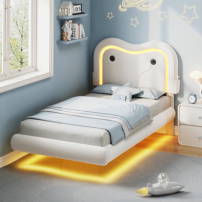 Twin Size Floating Bed Frame with LED Lights, Velvet Upholstered Headboard Bed Frame for Kids/Girls, Rounded Corners, Charging Station, No Box Spring Needed, White