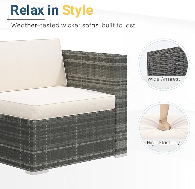 Wisteria Lane 5 Piece Outdoor Patio Furniture Set, All Weather Wicker Rattan Sectional Sofa Conversation Set with Cushions & Glass Coffee Table, Ideal for Backyard Porch Garden Balcony, Beige