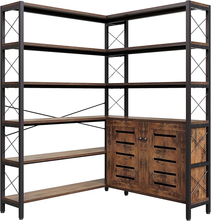 Corner Bookshelves and Bookcases Industrial Corner Etagere Bookcase L Shaped Shelf 6 Tiers with Metal Frame for Living Room Home Office