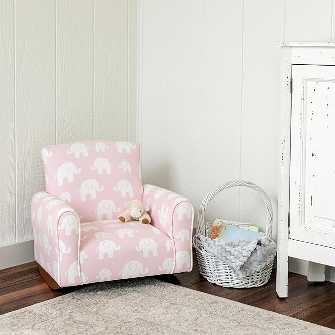 Kid Rocking Chair for Toddlers, Child Chair for Little Kids, Upholstered Toddler Armchair for Children, Comfy and Cute Little Kid Chairs (Rockers, Pink Elephants Print)