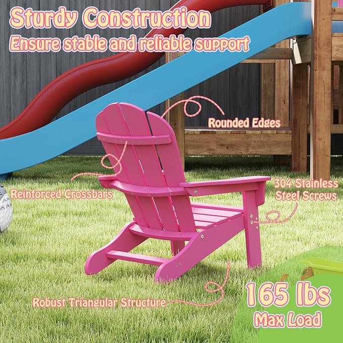 Giantex HDPE Kids Adirondack Chair - All-Weather Lawn Toddler Chair with Ergonomic Design, Children’s Outdoor Chair for Toddlers Ages 3-8, Kid’s Patio Furniture for Deck, Garden (2, Pink)