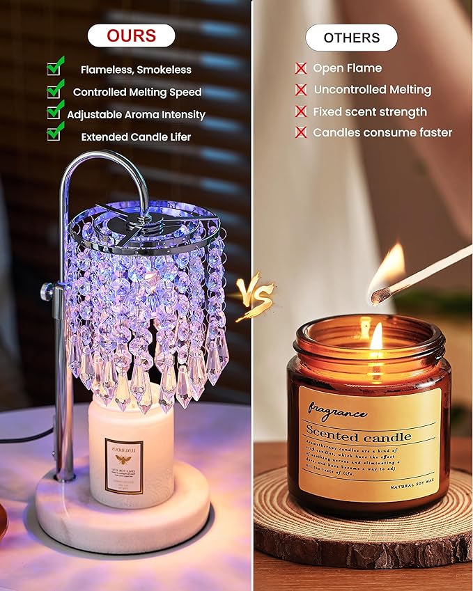 Candle Lamp Warmer with RGB Mode for Adjustable Height, Candle Warmer Lamp with Marble Base for Adjustable Height, Crystal Candle Warmer Lamp for Jar Candles, House Warming Decor Gifts, Silver