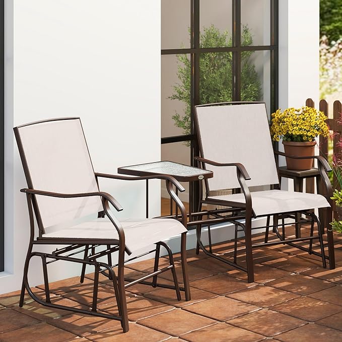 Outsunny Outdoor Glider Chairs with Coffee Table, Patio 2-Seat Rocking Chair Swing Loveseat with Breathable Sling for Backyard, Garden, and Porch, Beige