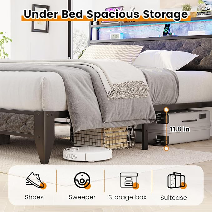 Winkalon Queen Bed Frame with Headboard, Bed Frame with Charging Station, Metal Platform Bed Frame Queen Size No Box Spring Needed, Modern Wood Upholstered Headboard and Under Bed Storage