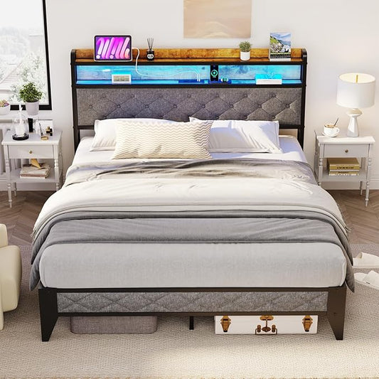 Winkalon Full Led Bed Frame with Headboard, Bed Frame with Charging Station, Metal Platform Bed Frame Full Size No Box Spring Needed, Modern Wood Upholstered Headboard and Under Bed Storage
