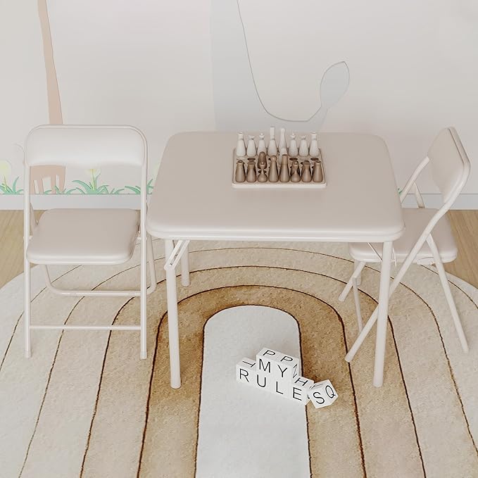 GarveeHome Boys and Girls Folding Table and Chair Set of 3, Featuring a Portable Table and Chairs with Soft Pu Cushions. No Assembly is Required, Perfect for Eating, Reading and Playing,Beige.