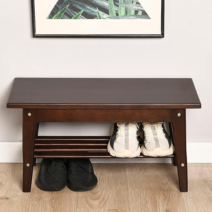 CONSDAN Wood Shoe Bench Rack, USA Grown Hickory, Entryway Bench with Shoe Storage, Mud Room Bathroom, Front Door, Outdoor/Indoor, Dark Walnut(Black)