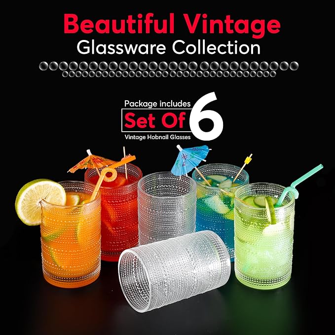 Hobnail Drinking Glasses, Vintage Glassware Set of 6, Vintage Drinking Glasses 16.2 oz, Bubble Glasses Drinking, Hobnail Glasses, Vintage Glass Cups, Jupiter Glasses for Juice, Soda, Beer, Whisky