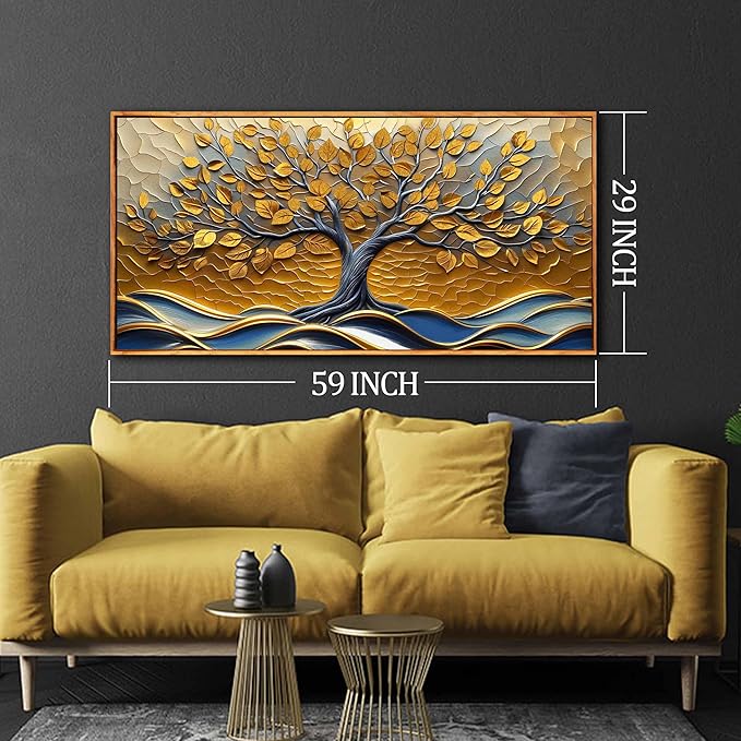 Tree Wall Art for Living Room, Gold Canvas Wall Decor for Bedroom, Picture Print Artwork, Large Size 59 x 29 Inches Framed