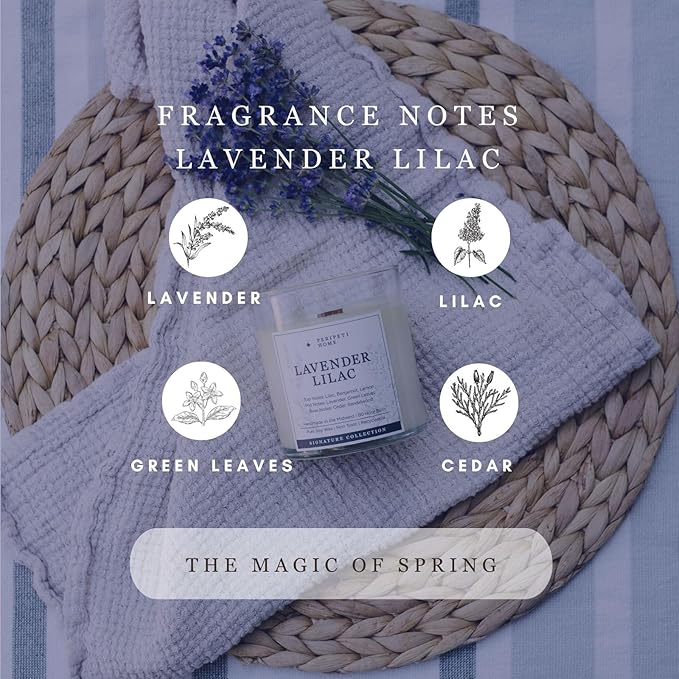 PERIPETI Home Lavender + Lilac Scented Candle - Wooden Wick, 8.5oz Natural Soy Wax for Soothing Aromatherapy - Long-Lasting Relaxing Fragrance for Home or Spa