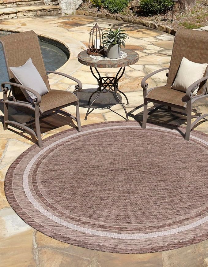 Unique Loom Outdoor Border Collection Area Rug - Soft Border (5' 3" Round Brown/Ivory)