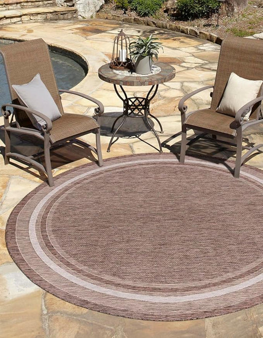 Unique Loom Outdoor Border Collection Area Rug - Soft Border (13' Round, Brown/ Ivory)