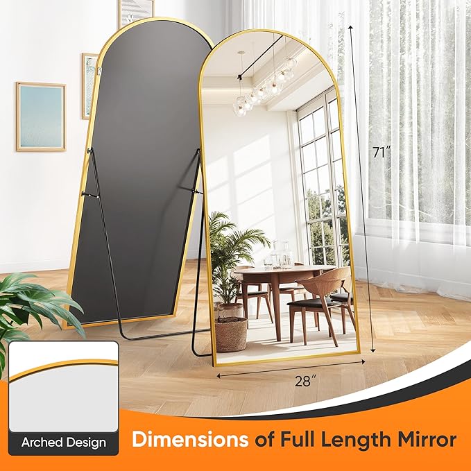 Suidia Full Length Mirror, 71"x28" Floor Standing Mirror Freestanding, Full Body Mirrors with Stand for Bedroom, Hanging Mounted for Living Room Cloakroom, Gold, Arched Style