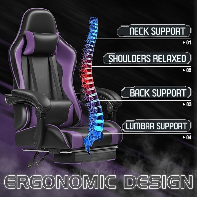 Homall Gaming Chair, Video Game Chair with Footrest and Massage Lumbar Support, Ergonomic Computer Chair Height Adjustable with Swivel Seat and Headrest (Purple)