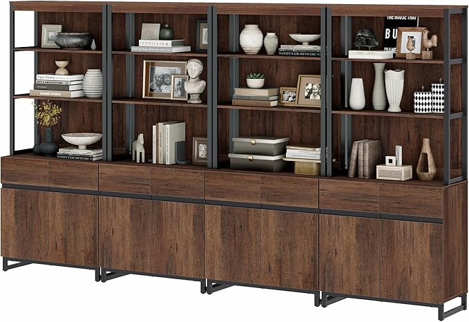 WAMPAT 4 PCS Modern 72" Tall Bookcases with Metal Base and Adjustable Shelves, Library Book Shelf with Storage Cabinet and Open Book Shelfs, Wood Bookshelves for Home Office, Living Room, Brown