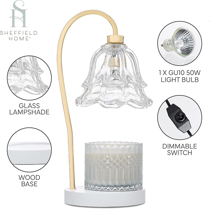 Sheffield Home Glass Candle Warmer Lamp – 15" White, Clear Floral Glass Shade, Elegant Flameless Wax Melter for Long-Lasting Fragrance, Stylish Home Décor