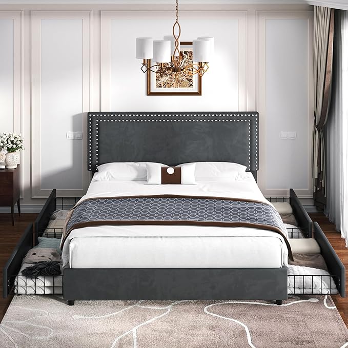 VECELO Queen Size Upholstered Platform Bed Frame with 4 Storage Drawers, Adjustable Velvet Rivets Headboard, Wooden Slats Support, No Box Spring Needed, Easy Assembly
