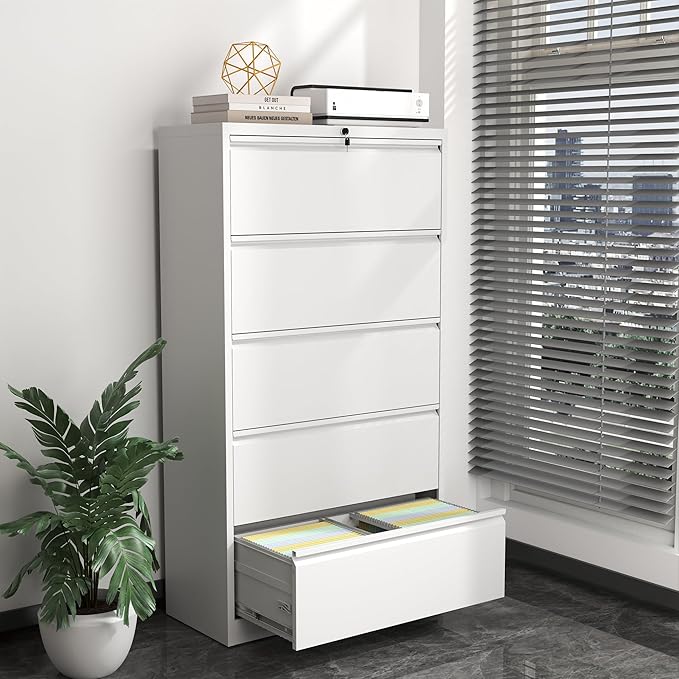 Lateral File Cabinet with Lock,5 Drawer Filing Cabinets for Home Office, Steel Wide Filing Organization Storage Cabinets for Hanging Files Letter/Legal/F4/A4 (White)
