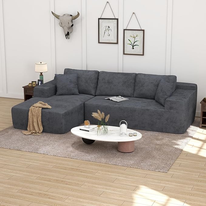 OC Orange-Casual 106.3" Cloud Sectional Couch with L-Shape Chaise,No Assembly Required Modular Sofa,Upholstered Boneless Couches for Living Room, Plush Corduroy Fabric (Grey, Left Facing Chaise)