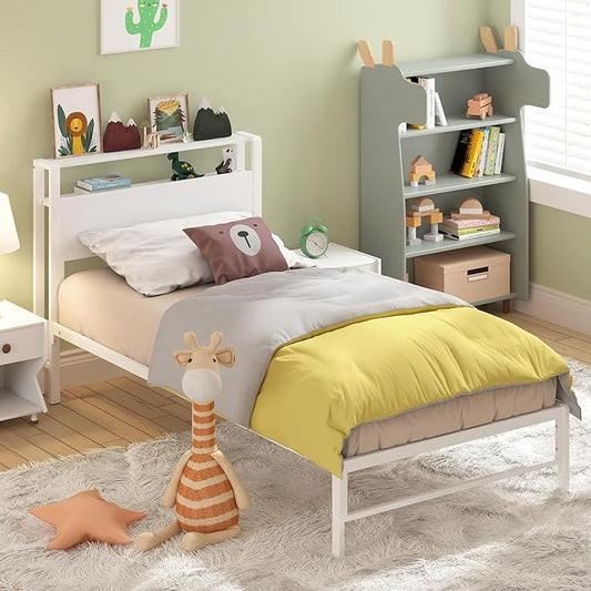 Weehom Twin Bed Frames for Kids, Twin Size Bed with 2 Tiers Wood Shelves Headboard No Box Spring Needed Easy Assembly Heavy Duty Metal Plaform, White