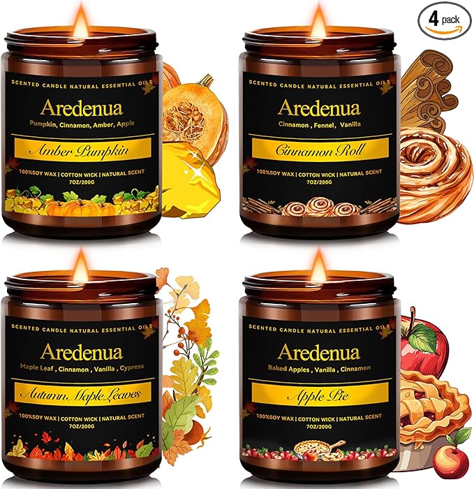 Fall Candles Set | 4 Pack Autumn Scented Candles, Soy Candles for Home Scented, Cozy Seasonal Candle Gifts for Women Men - Fall Scents of Cinnamon Roll/Pumpkin/Autumn Leaves/Apple Pie