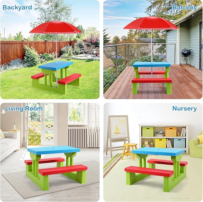 Kids Picnic Table, Toddler Picnic Table with Removable & Foldable Umbrella, Plastic Children Patio Furniture for Garden Backyard, Kids Outdoor Table, Red, Blue & Green