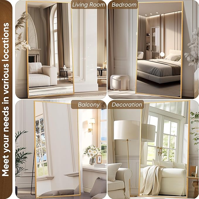 Antok Full Length Mirror, 76"x34" Floor Mirror with Stand, Hanging Mounted Mirrors for Bedroom, Living Room, Cloakroom, Dining Room, Gold, Rect