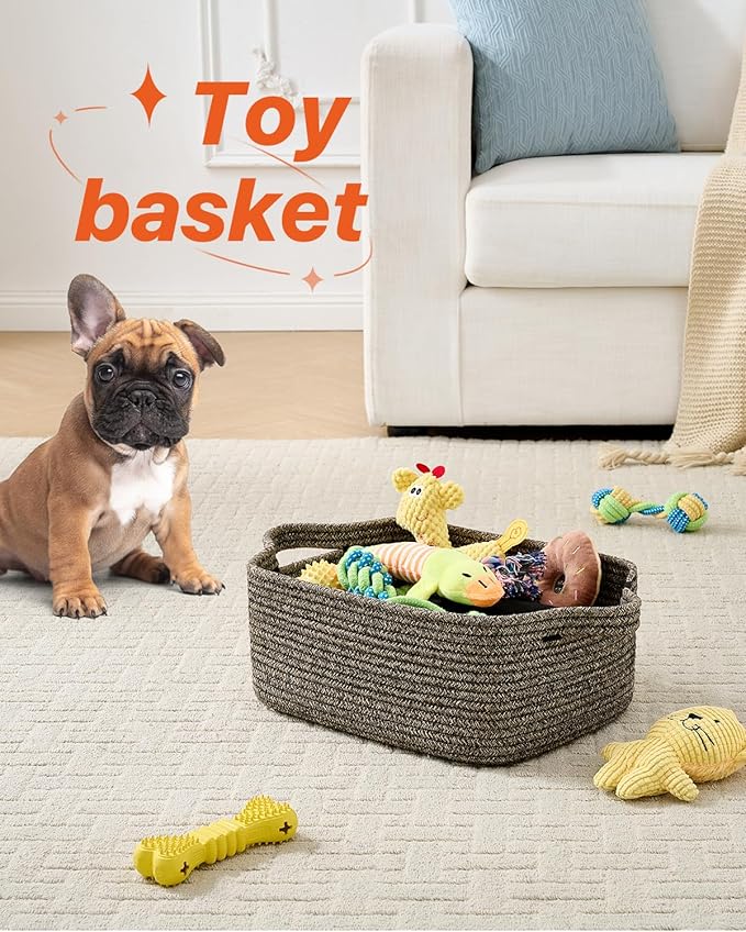 KALLAX Small Woven Basket, 14 x 10 x 5.6 Inches, Small Storage Baskets for Organizing, Gift Baskets Empty, Cute Rope Shelf Closet Storage Bins for Shelves, Dog Toy Basket, Black & Brown Mixed