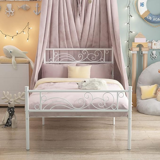 Weehom Twin Size Platform Bed Frame with Flower Design,Strong Metal Slats Support,Easy Assembly no Box Spring Needed White