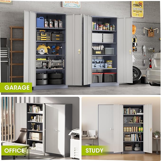 Greenvelly Metal Garage Storage Cabinet, 72”Locking Steel Storage Cabinet with 2 Doors and 4 Adjustable Shelves for Home Office,School,File(Gray White)