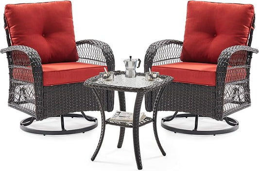 UDPATIO 3 Pieces Patio Furniture Set, Outdoor Swivel Rocker Patio Chairs Set of 2, All-Weather PE Wicker Glider Chairs with Thick Cushions and Glass Coffee Table,for Porch Deck Backyard Red