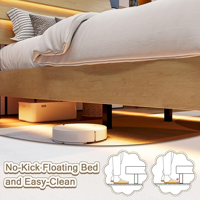 Twin Bed Frames with LED Light and Charging Station, Floating Wooden Bed Frame, Heavy Duty Metal Slats, No Box Spring Needed, Noise Free, Easy Assembly, Oak